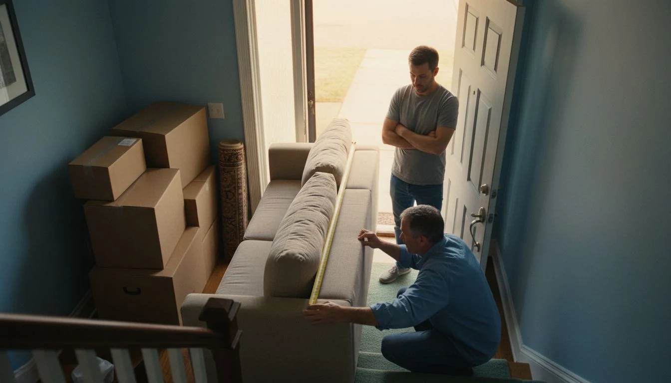 Low cost moving companies estimate in progress: a mover in a work shirt stretching a steel tape measure along a sofa in a home entryway while the homeowner watches from the stairs, moving boxes stacked against the wall - The Calm Roost