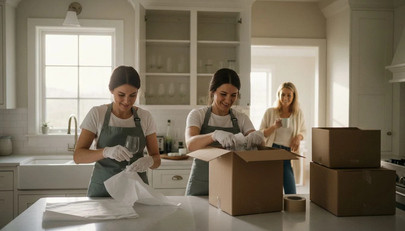 Packing services at work: two professional packers in sage aprons and white gloves wrapping glassware and loading a dish-pack carton on a kitchen island, the glass cabinets behind them already emptied - The Calm Roost