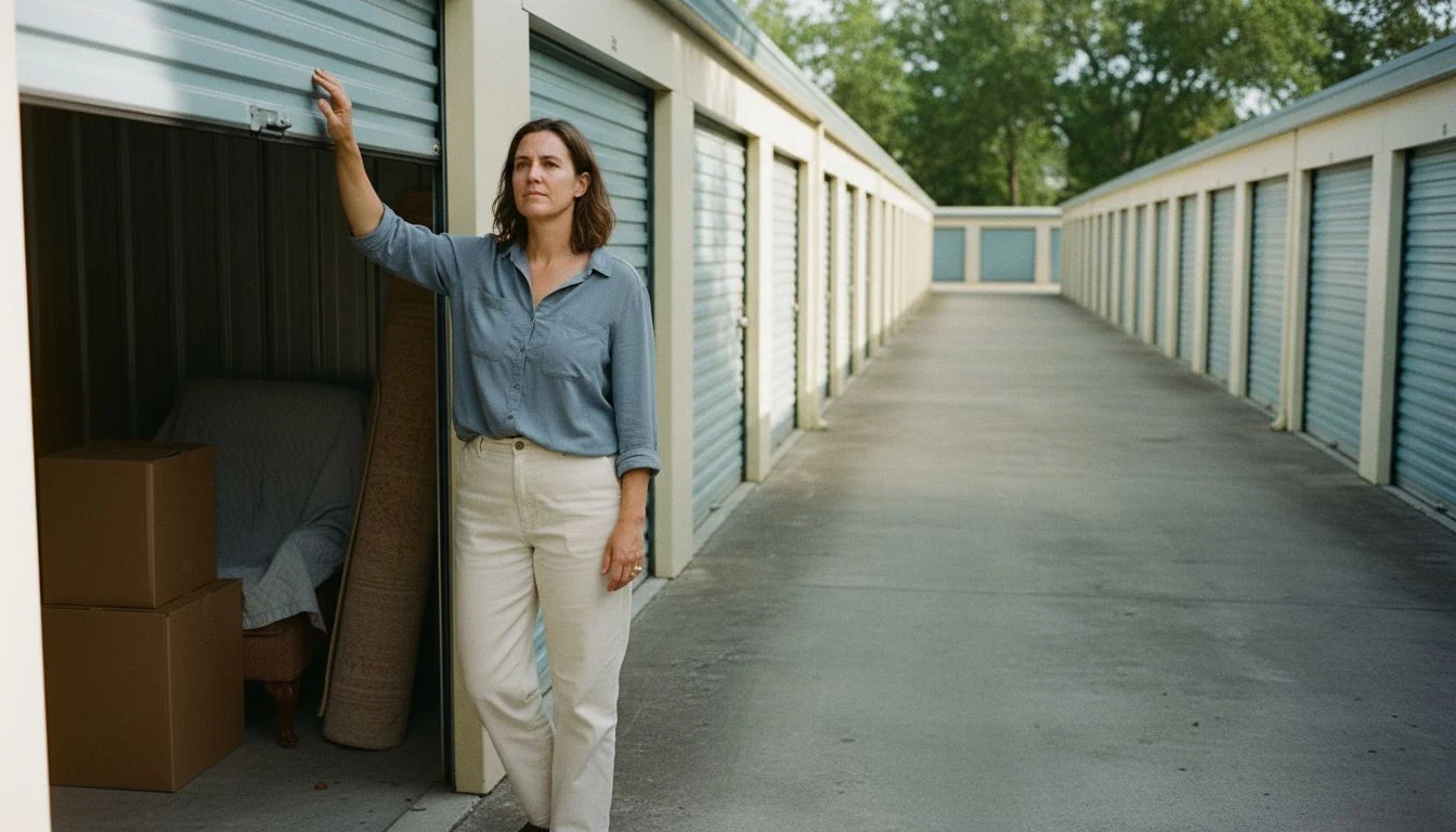 Storage unit cost decision: a woman standing in the open roll-up door of a half-empty drive-up storage unit, labeled boxes and a blanket-wrapped armchair inside - The Calm Roost