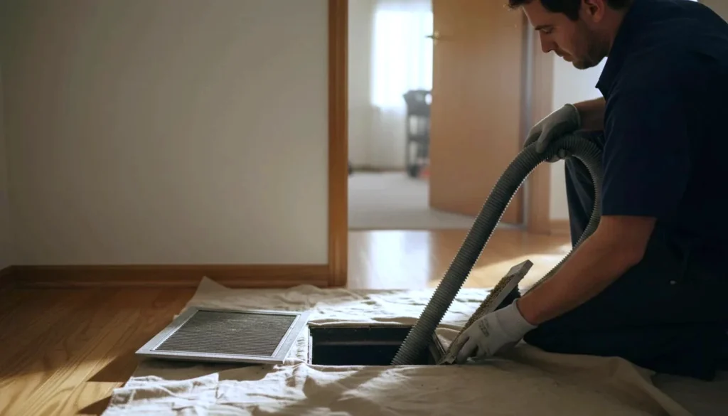 Air duct cleaning cost in practice: a removed metal floor register resting on a hallway floor beside its open duct opening, a wide corrugated vacuum hose fed into the duct and a technician in gloves crouched over it on a canvas drop cloth - The Calm Roost