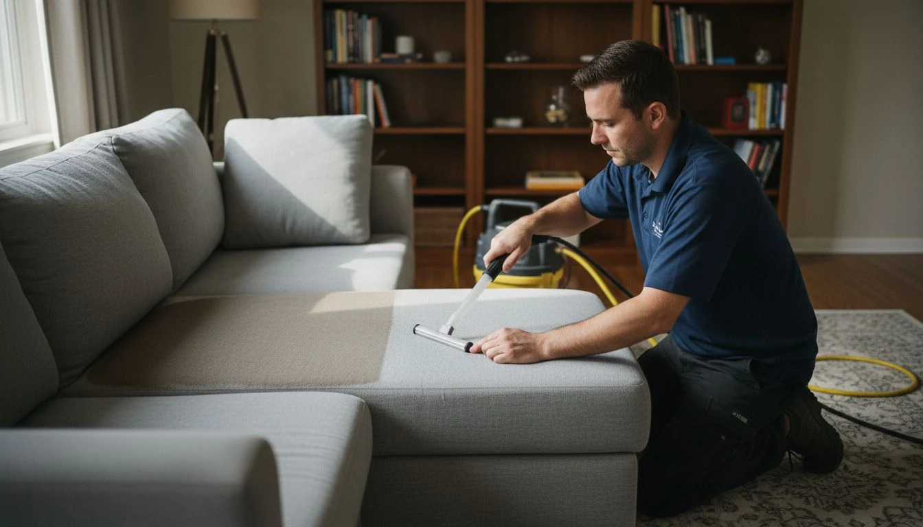 Couch cleaning cost in practice: an upholstery technician in a navy work polo kneeling beside a grey fabric sectional in a living room, guiding a clear extraction wand across the seat cushion so the cleaned half is visibly darker and damp, a yellow extraction machine and hose on the rug behind him - The Calm Roost