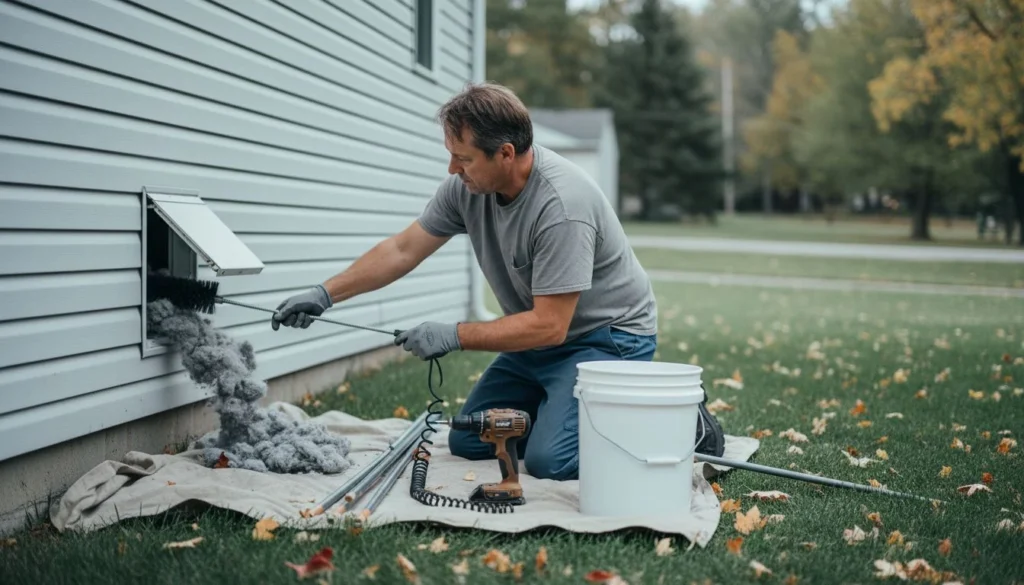 Dryer vent cleaning cost in practice: a technician in gloves kneeling on a drop cloth outside a house, pushing a rotary brush through the exterior dryer vent as clumps of gray lint spill out, fall leaves on the lawn - The Calm Roost