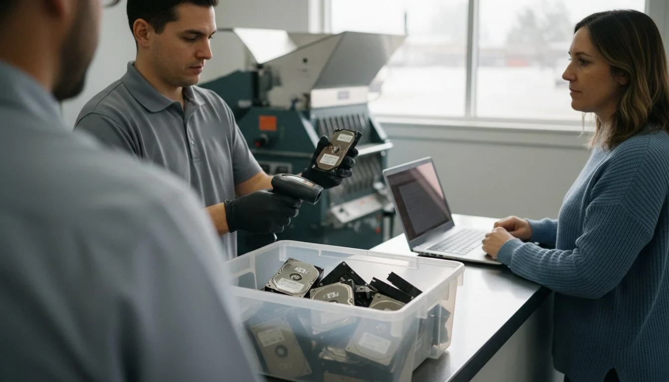 Hard drive disposal service in practice: a technician in black nitrile gloves scanning the label of a bare hard drive at a data destruction counter, a clear tote of old hard drives in front and an industrial shredder behind, while a woman in a dusty-blue sweater waits beside her laptop - The Calm Roost