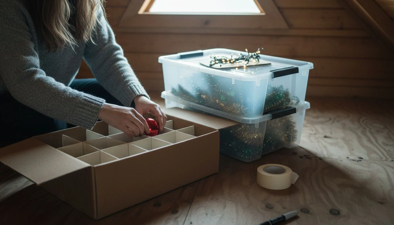 How to store Christmas decorations in practice: a woman's hands lowering a red glass ornament into the divided compartments of a cardboard ornament storage box on an attic floor, two clear totes of garland and a string of fairy lights beside it - The Calm Roost