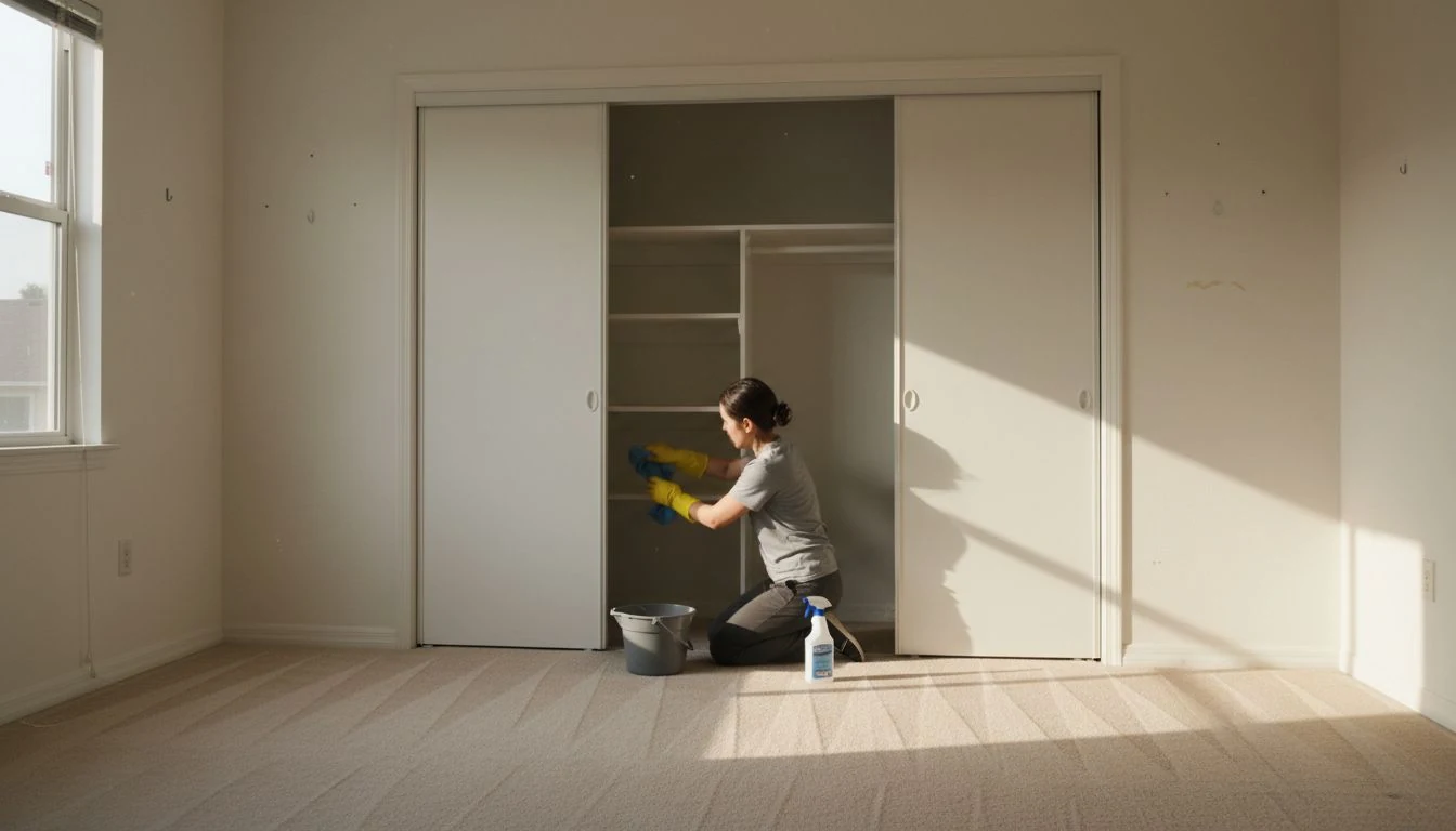 Move out cleaning cost in practice: a cleaner in yellow rubber gloves kneeling to wipe the shelves of an empty bedroom closet in a vacated apartment, bare carpet with fresh vacuum lines, spray bottle and bucket beside her - The Calm Roost