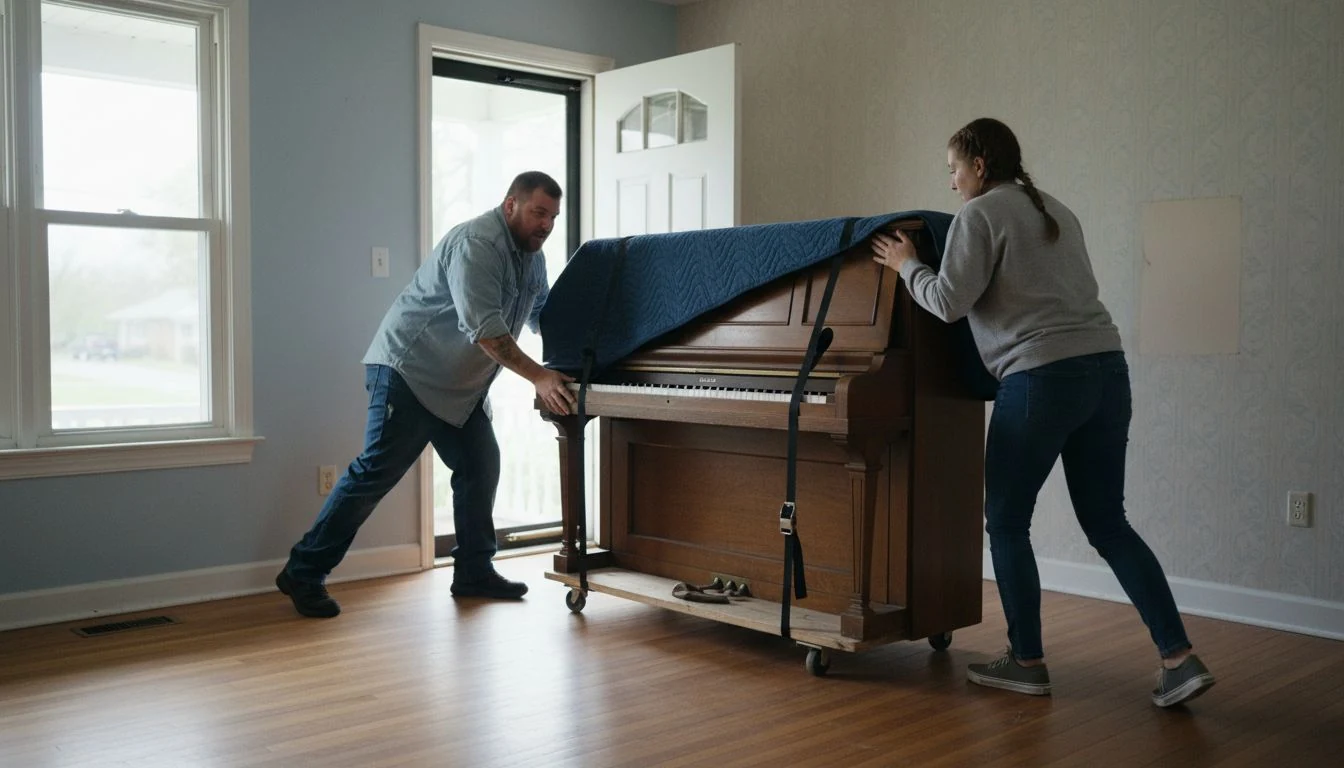 Piano moving cost in practice: two movers rolling an old walnut upright piano on a four-wheel dolly across a hardwood living room toward the open front door, a blue moving blanket and straps over the case - The Calm Roost