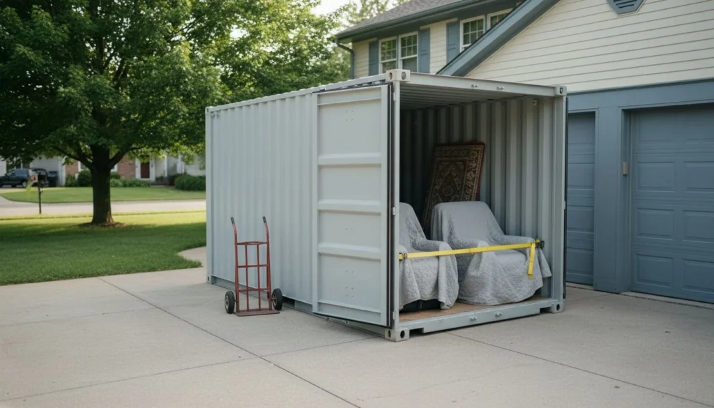 Portable storage container cost in practice: an unmarked grey portable storage container standing open on a suburban driveway with two blanket-wrapped armchairs and a rolled rug strapped inside, a hand truck on the concrete beside it - The Calm Roost