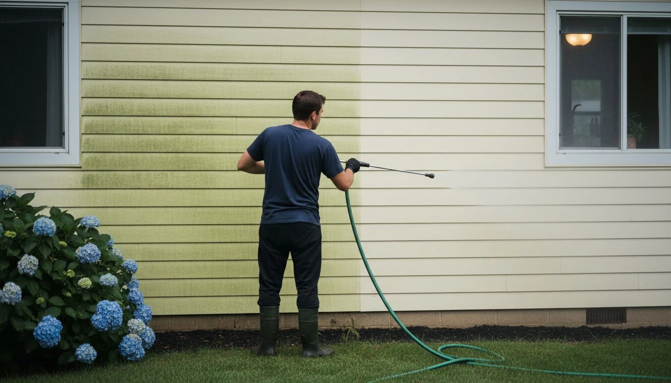 Price to pressure wash a house in practice: a house-washing worker seen from behind holding a spray wand level against cream vinyl siding, the left half of the wall still green with algae and the right half washed clean, blue hydrangeas in the foreground - The Calm Roost