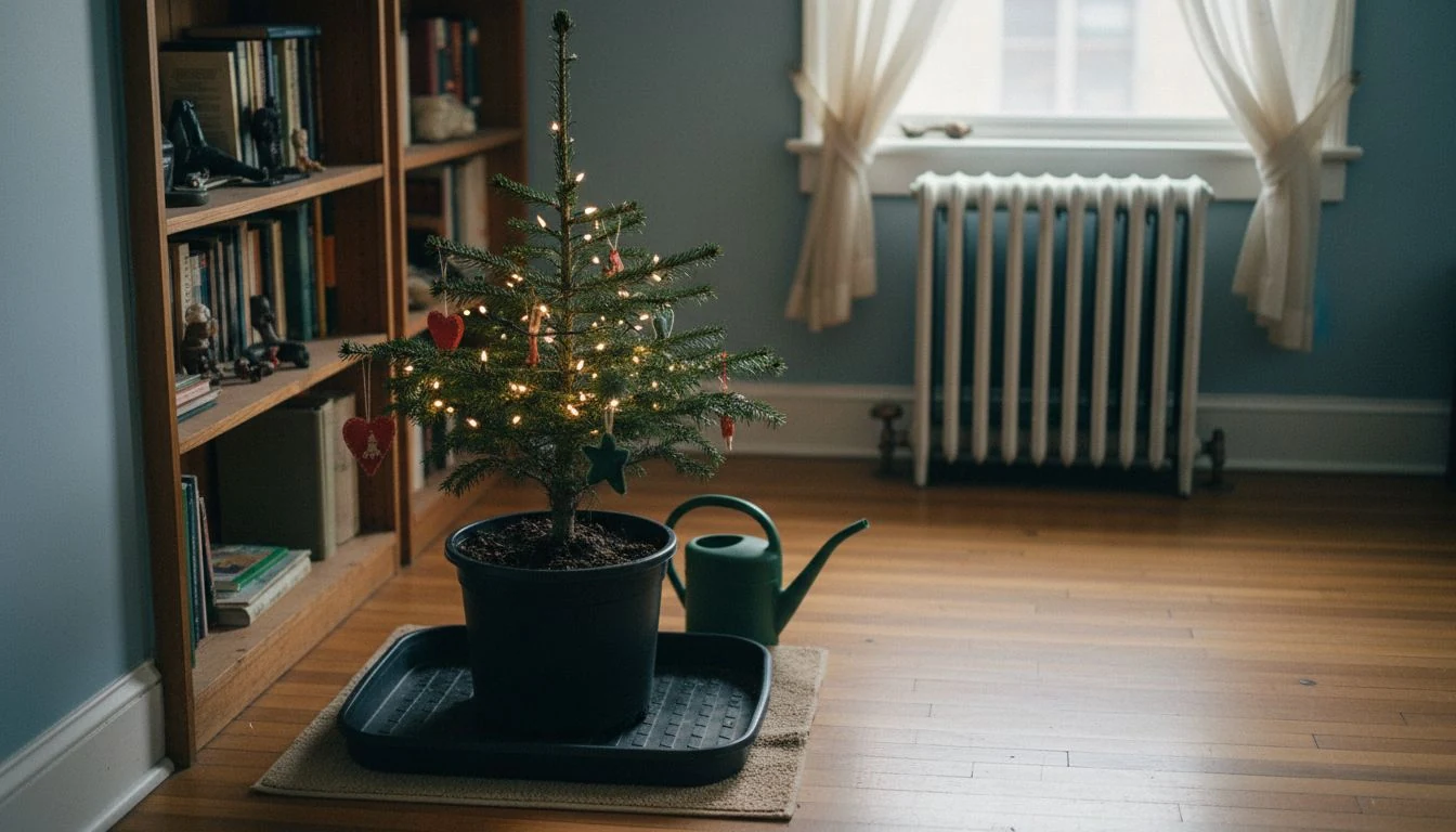 Rent a Christmas tree: a live potted spruce in a black nursery pot on a boot tray in a small living room corner, LED lights, a green watering can, and the radiator kept across the room - The Calm Roost