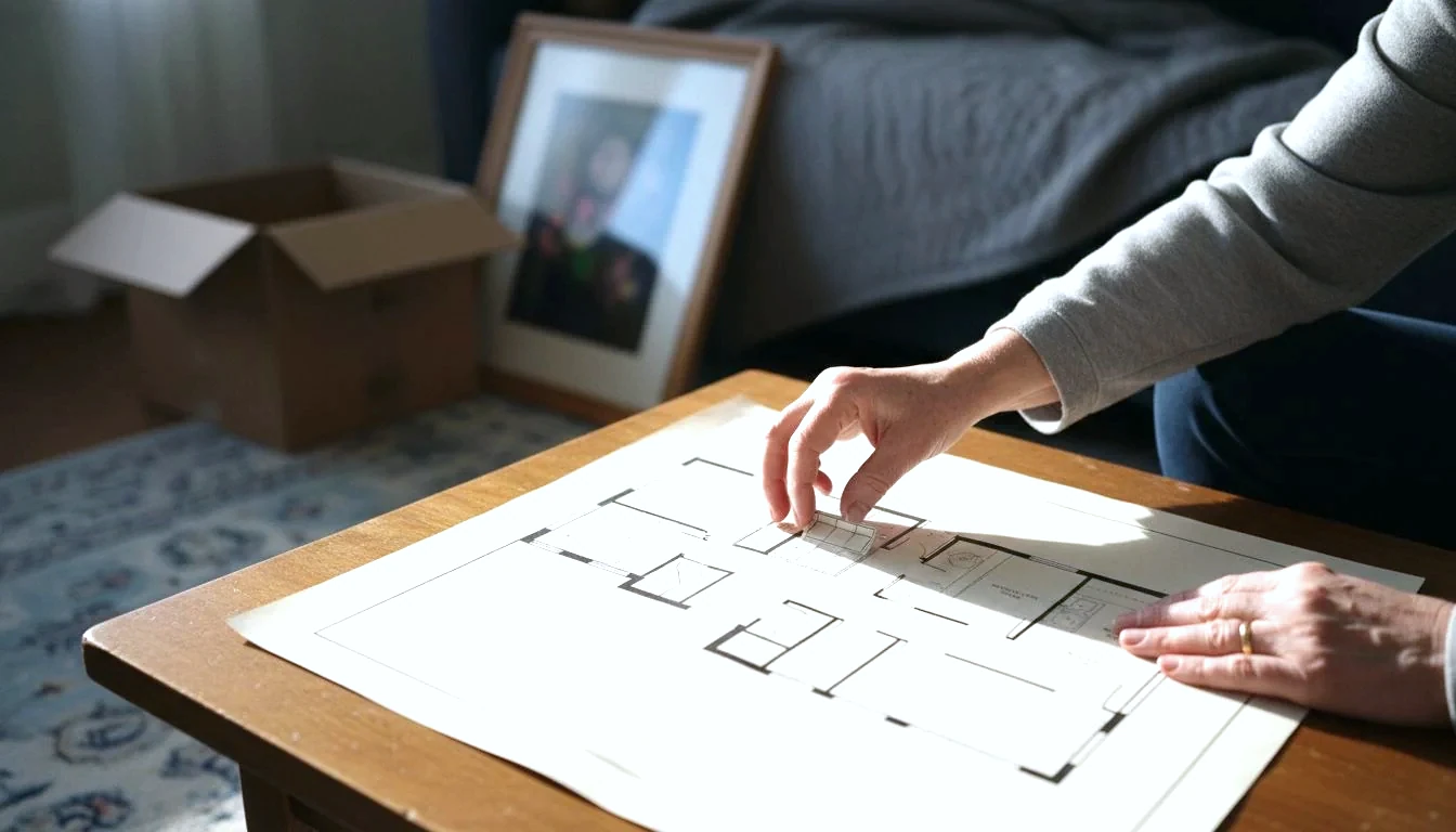 Senior move services in practice: an older woman's hands with a gold ring and a helper's hands arranging a paper furniture cutout on a printed apartment floor plan on a living room table, a half-packed moving box behind - The Calm Roost