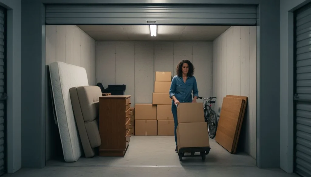 Storage unit sizes in practice: a woman wheeling moving boxes on a hand truck into an open self-storage unit loaded with a mattress on its edge, a loveseat on end, a dresser, stacked boxes and a bike - The Calm Roost