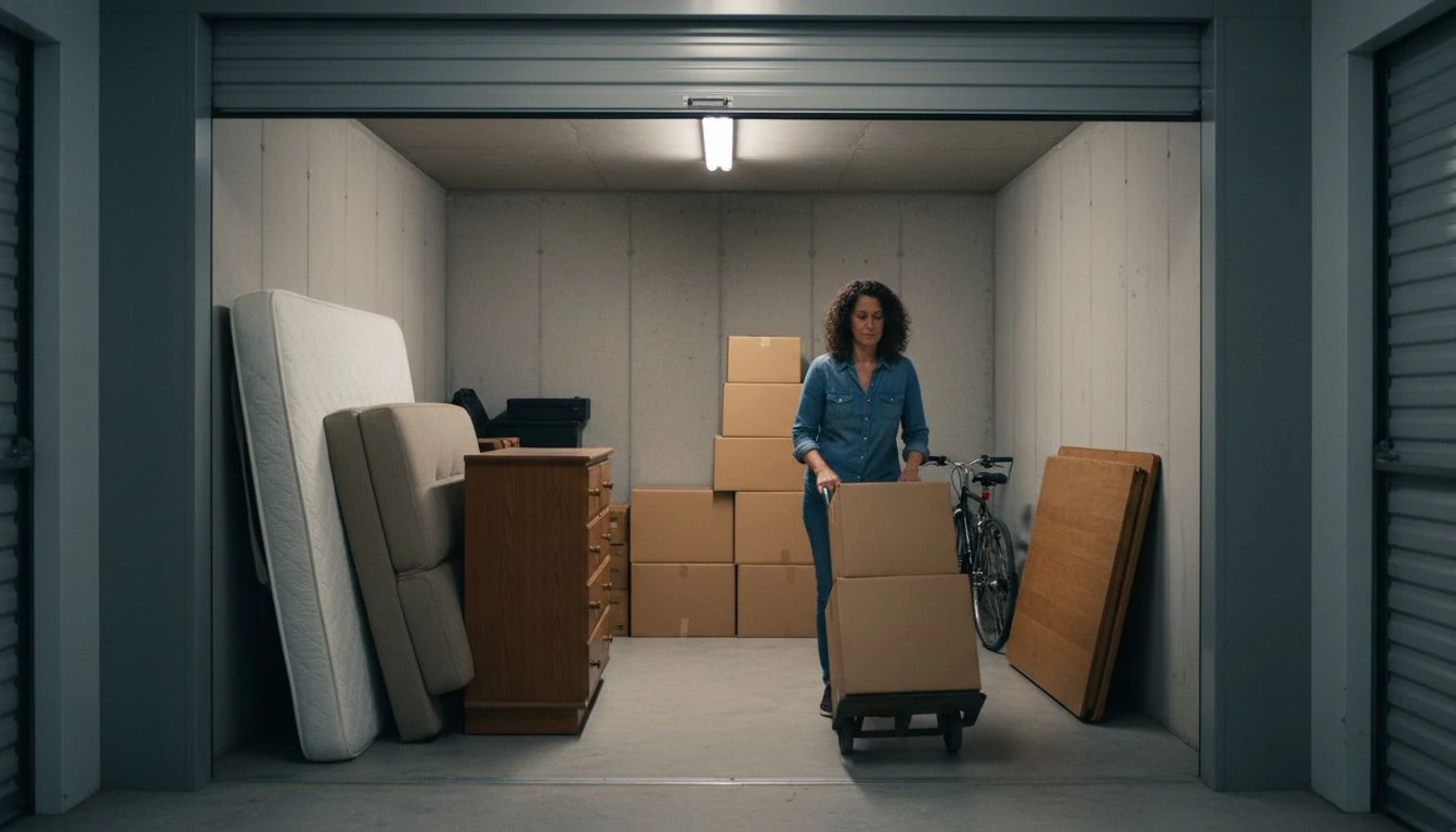Storage unit sizes in practice: a woman wheeling moving boxes on a hand truck into an open self-storage unit loaded with a mattress on its edge, a loveseat on end, a dresser, stacked boxes and a bike - The Calm Roost
