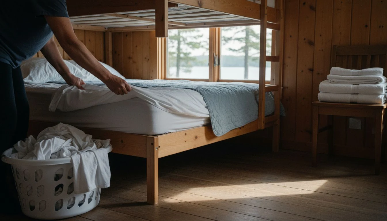 Vacation rental cleaning cost in practice: a cleaner's hands smoothing a crisp white sheet onto the lower bunk in a pine-paneled lake cottage bedroom during a turnover, a stack of folded towels and a laundry basket of stripped linens on the floor - The Calm Roost