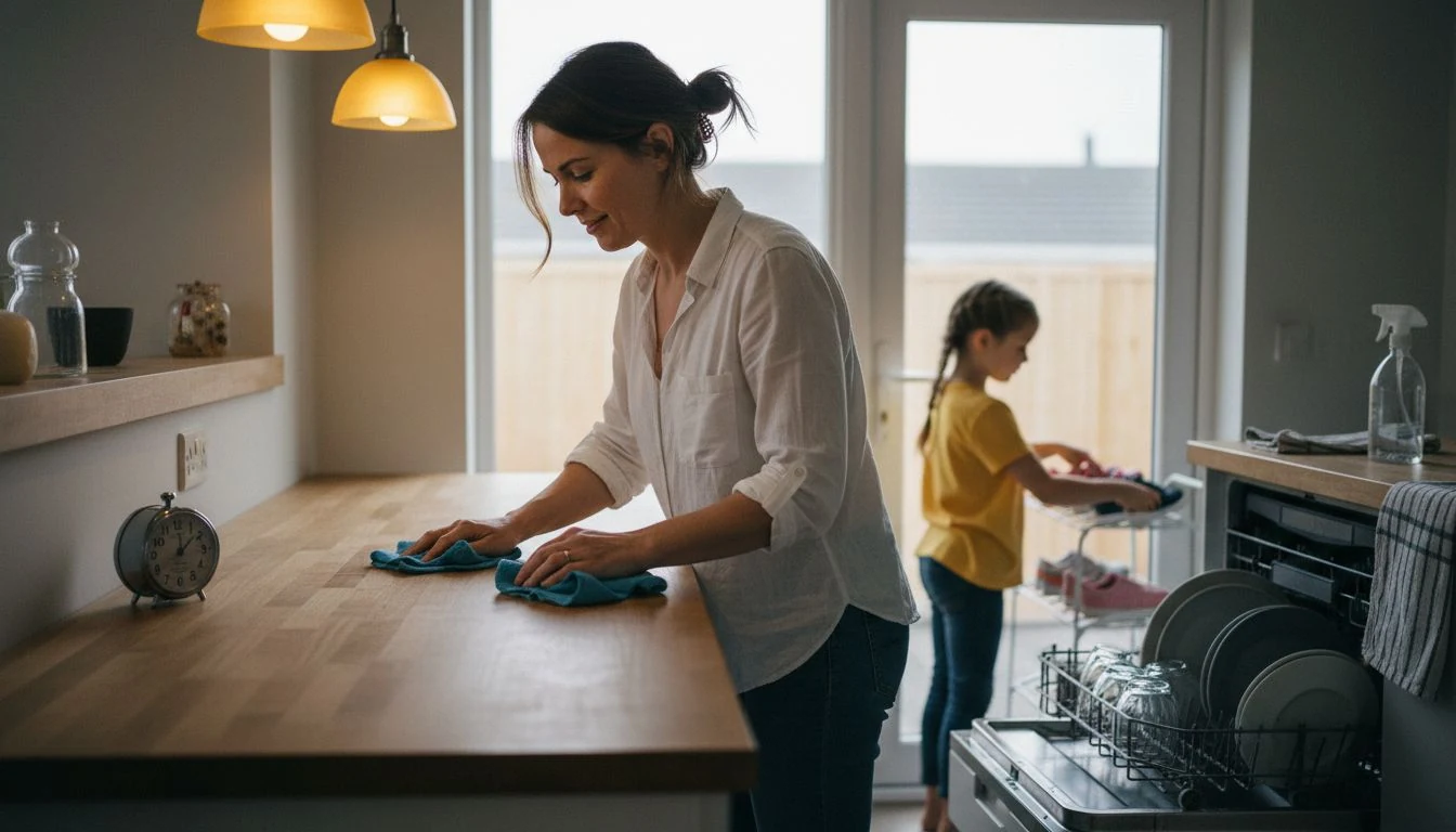 15 minute cleaning routine in the evening: a mother wiping a cleared kitchen counter next to a wind-up timer while her daughter lines up shoes on a rack and the dishwasher sits half loaded - The Calm Roost