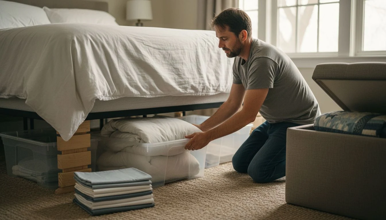 Bedding storage ideas without a linen closet: a man sliding a lidded under-bed bin with a folded duvet under a bed on risers, sheet sets stacked on the rug and a storage ottoman holding a quilt - The Calm Roost