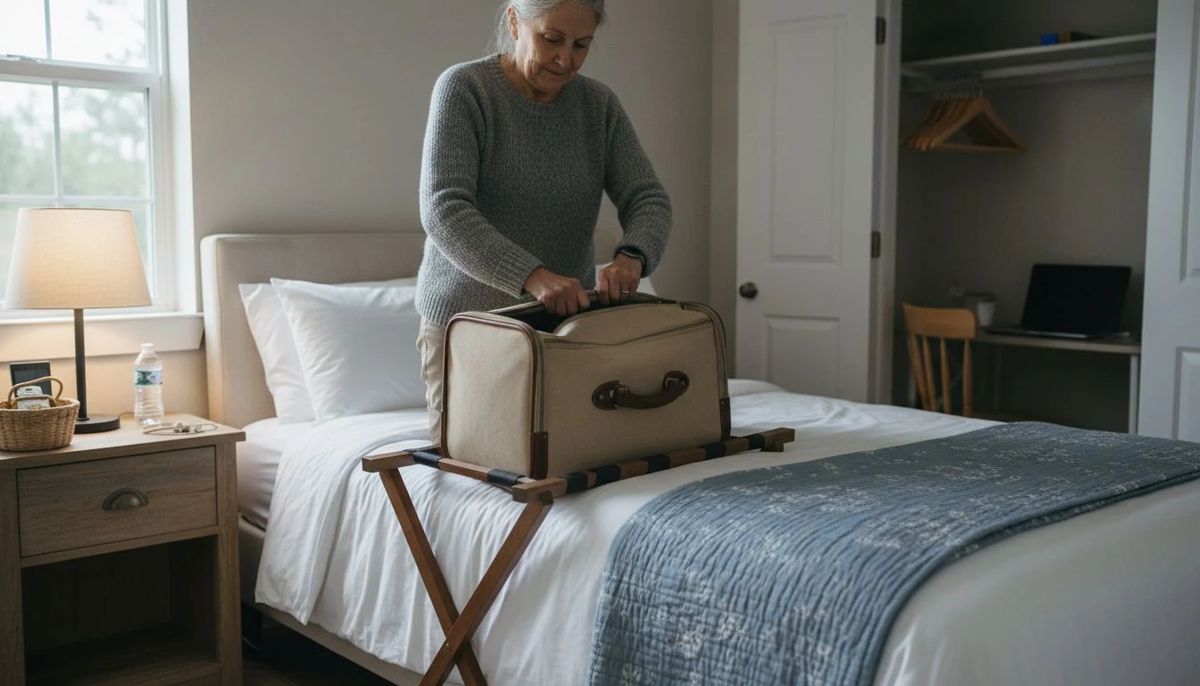 Guest bedroom ideas in practice: an older woman unzipping her suitcase on a folding luggage rack in a small guest room with a dusty-blue quilt, a nightstand basket with a charger and water, empty hangers and a corner desk - The Calm Roost