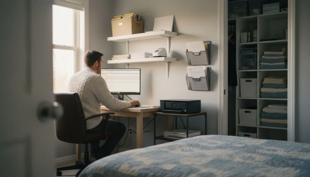 Home office organization ideas in practice: a small spare bedroom set up as a home office, a man working at a desk on the side wall with the window to his left, floating shelves with a file box, a printer on a rolling cart and a closet of bins and guest towels - The Calm Roost