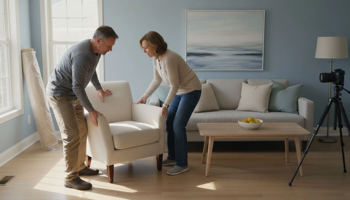 Home staging cost in practice: two stagers placing a cream accent armchair in a cleared living room, a wrapped rug against the wall and a camera on a tripod ready for listing photos - The Calm Roost