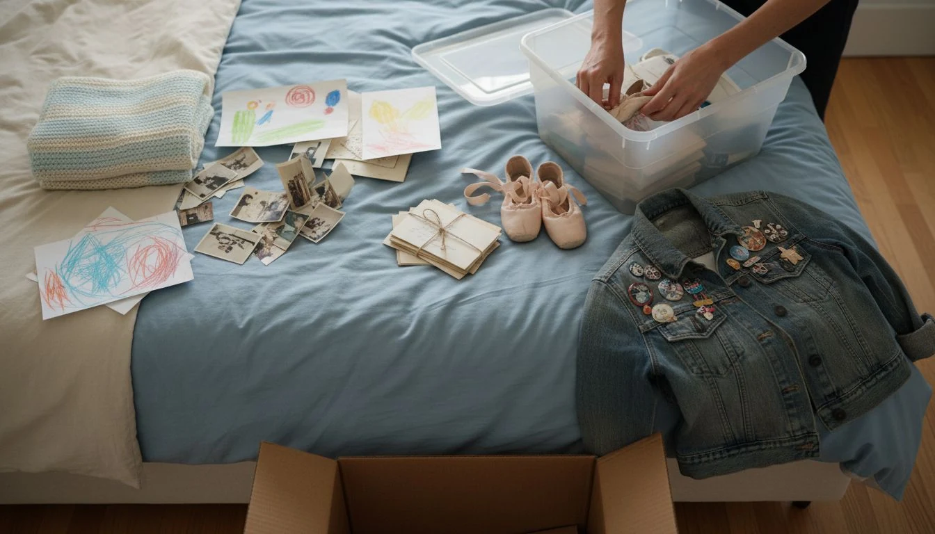 How to declutter sentimental items in practice: keepsakes sorted into piles on a bed, old greeting cards tied with string, child's ballet slippers, a knitted baby blanket, loose photo prints, crayon drawings and a pinned denim jacket, hands packing an open clear storage bin - The Calm Roost