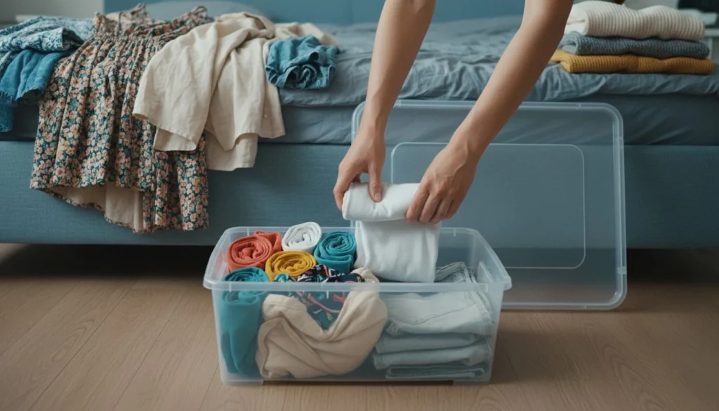 How to store summer clothes in practice: hands rolling a white t-shirt into a clear under-bed bin of rolled tank tops and folded denim shorts, summer dresses on the bed and knit sweaters stacked behind - The Calm Roost