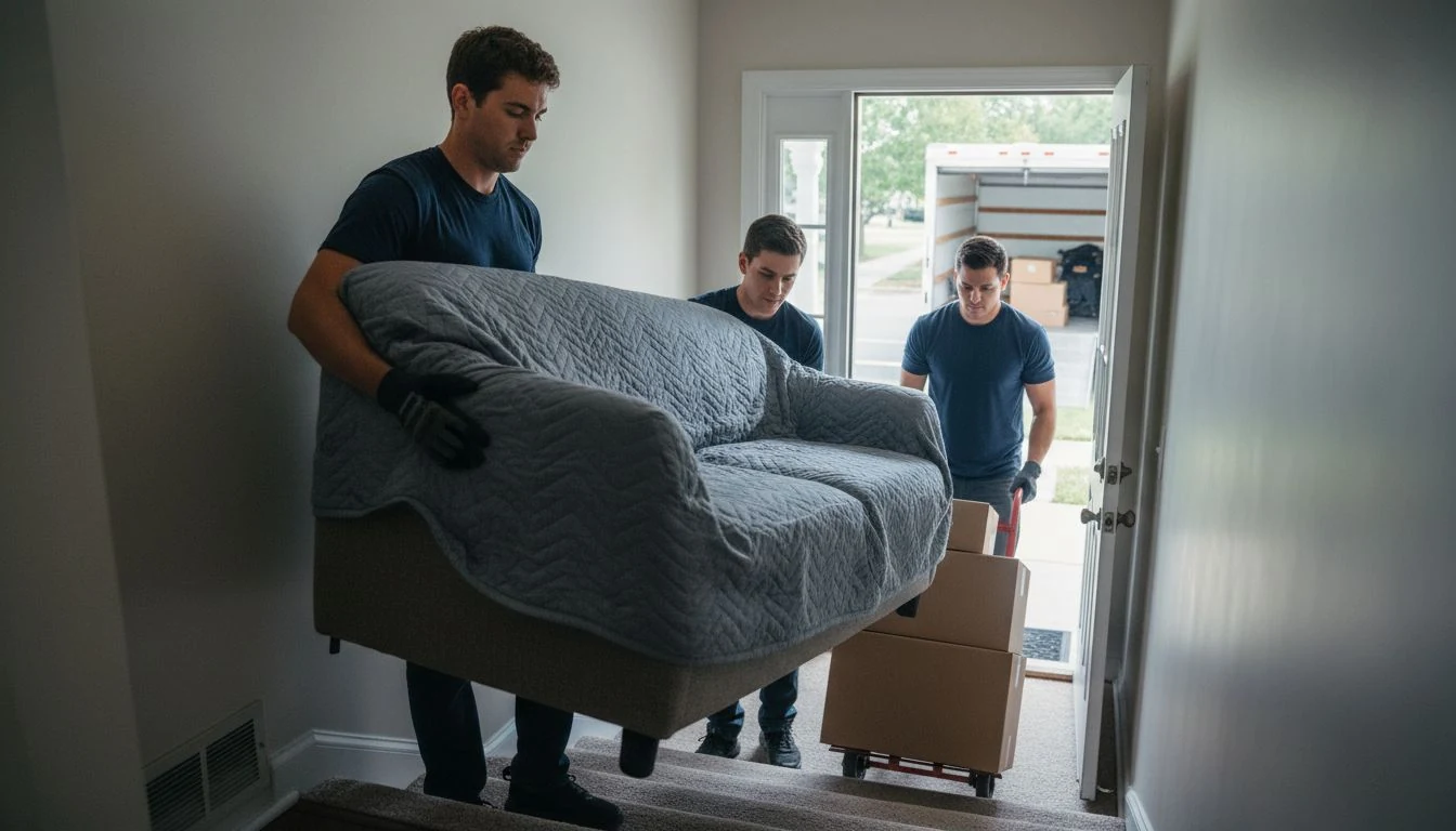 Local movers cost in practice: three movers carrying a blanket-wrapped sofa down a walk-up staircase and wheeling boxes on a dolly to the moving truck - The Calm Roost