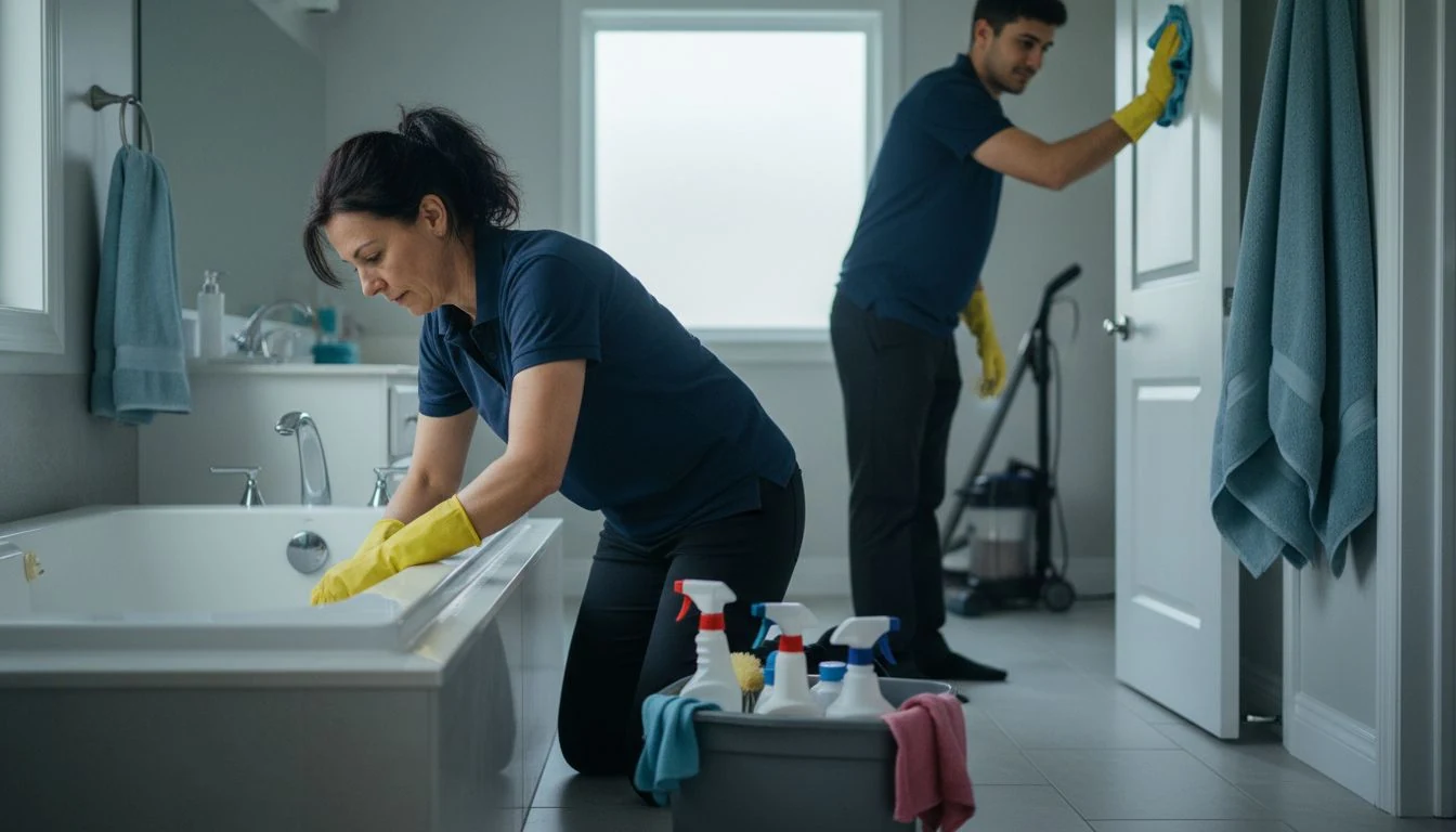 Monthly maid service visit in practice: two professional cleaners in navy polos and yellow gloves cleaning a family bathroom, one scrubbing the bathtub and one wiping the door, a caddy of spray bottles and cloths on the tile floor - The Calm Roost