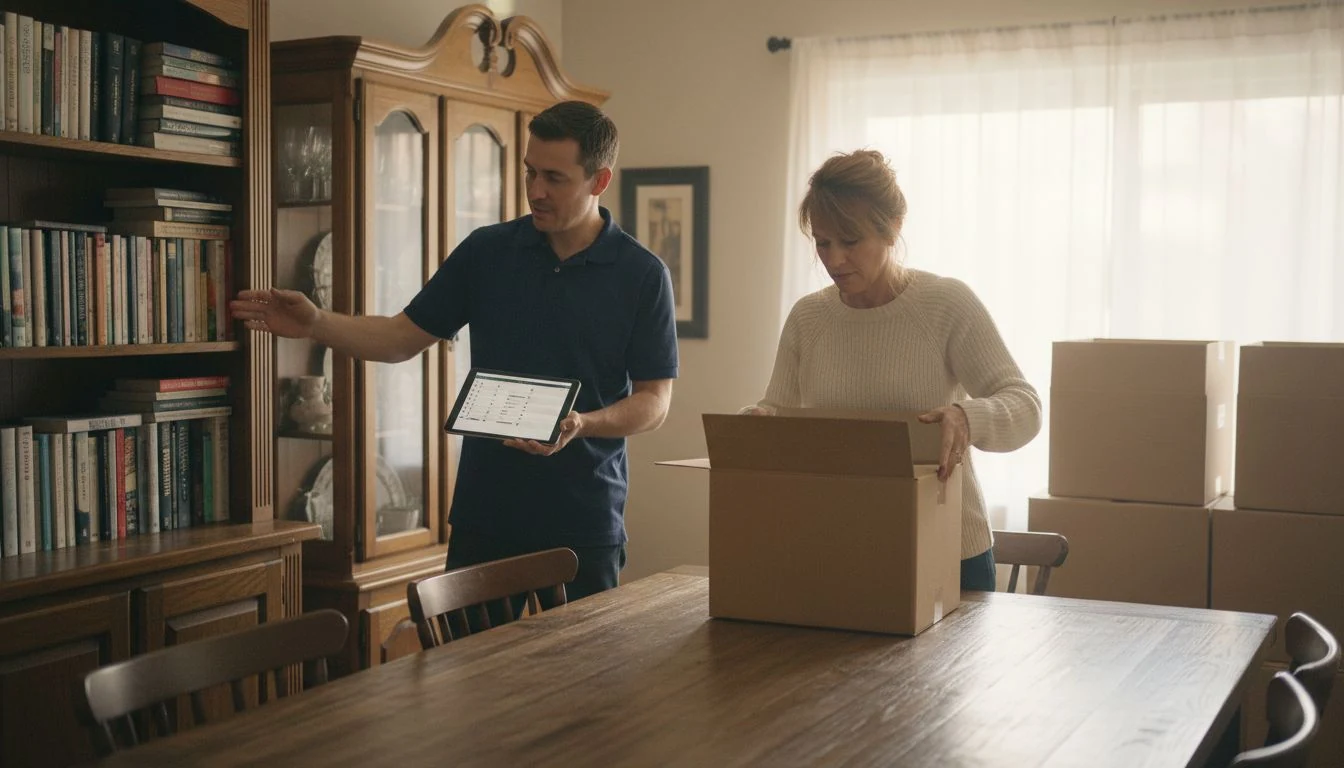 Getting a moving company quote: an estimator with a tablet inventory counts a bookshelf and china cabinet in a dining room while the homeowner opens a moving box - The Calm Roost