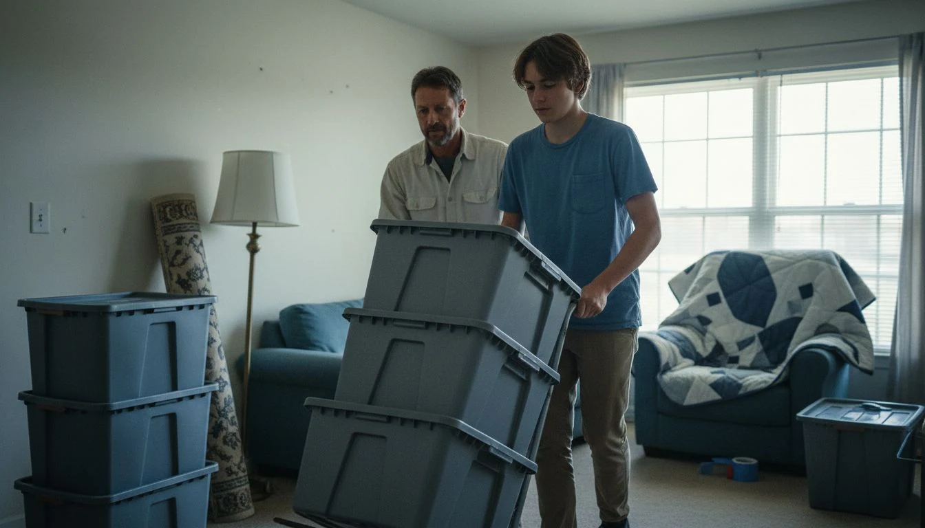 Moving totes rental in practice: a father and his teenage son wheeling a dolly stacked with gray plastic moving totes with lids through a half-packed apartment living room, more totes stacked by the wall - The Calm Roost