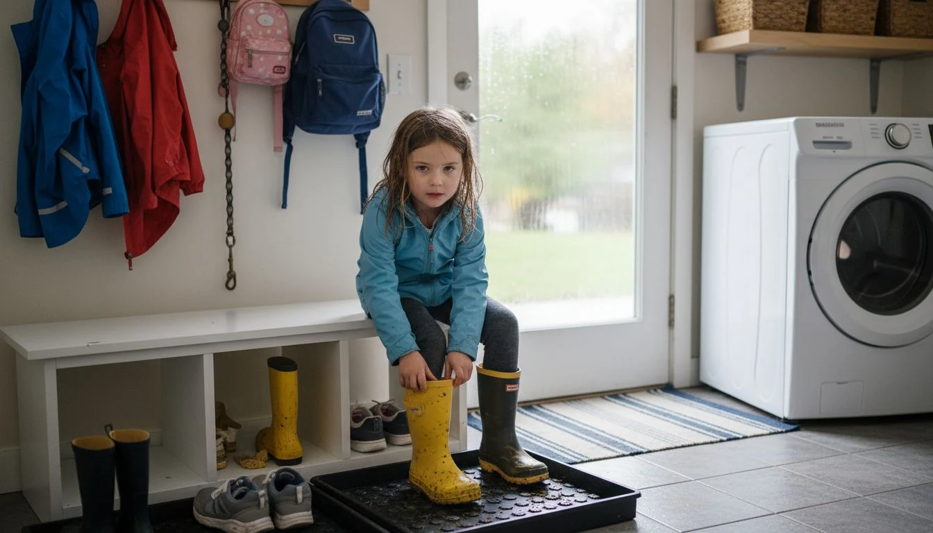 Mudroom organization ideas in practice: a girl on a white cubby bench pulling off wet rain boots over a rubber boot tray, coats and backpacks on wall hooks, baskets above the washer by the back door - The Calm Roost