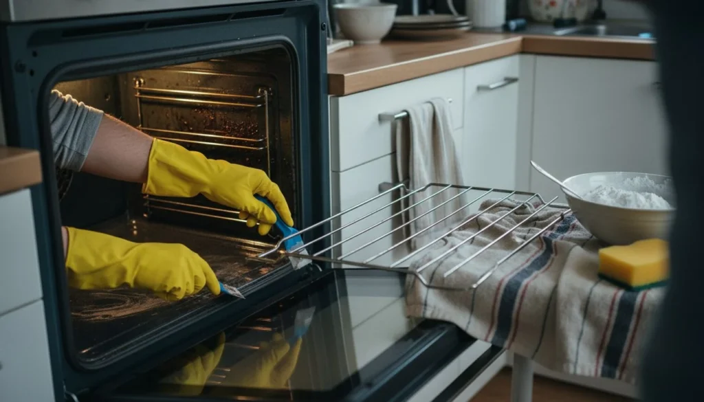 Oven cleaning service cost in practice: gloved hands scraping baked-on grease off the floor of an open home oven, racks pulled out on a striped towel beside a bowl of baking soda and a sponge - The Calm Roost