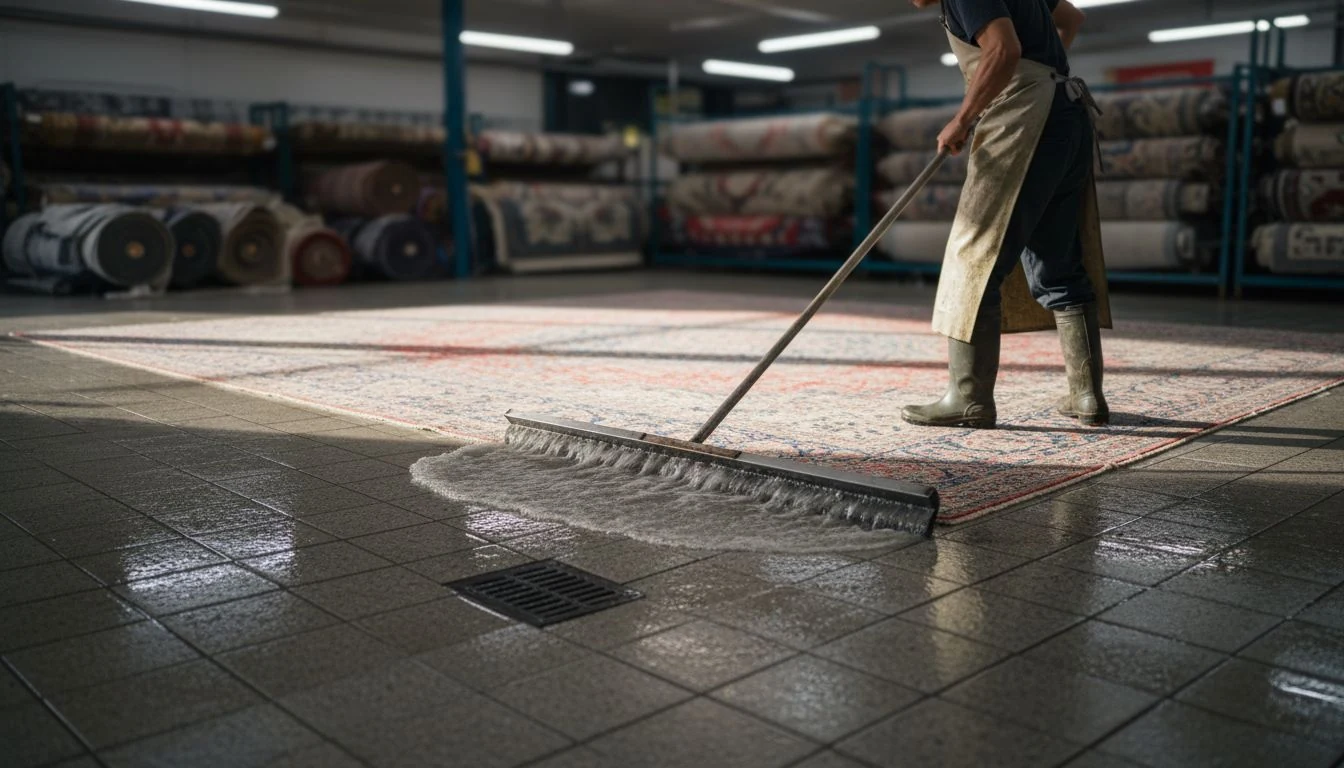 Rug cleaning cost in practice: a worker in rubber boots squeegeeing water off a wet wool area rug on the wash floor of a rug cleaning plant, rolled rugs on racks behind - The Calm Roost