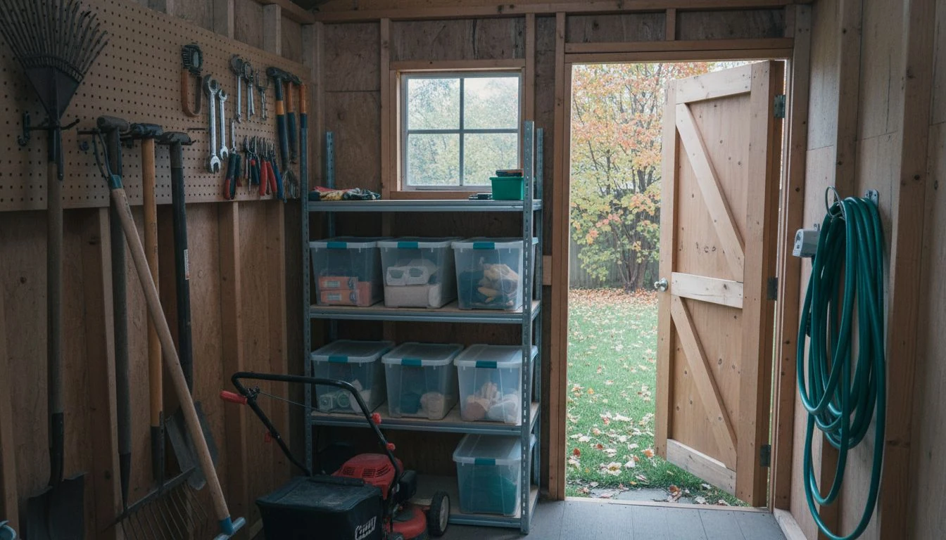 Shed organization ideas in practice: inside a small wooden backyard shed with rakes and shovels on wall hooks, hand tools on a pegboard, clear lidded bins on a metal shelf and a lawn mower parked below - The Calm Roost