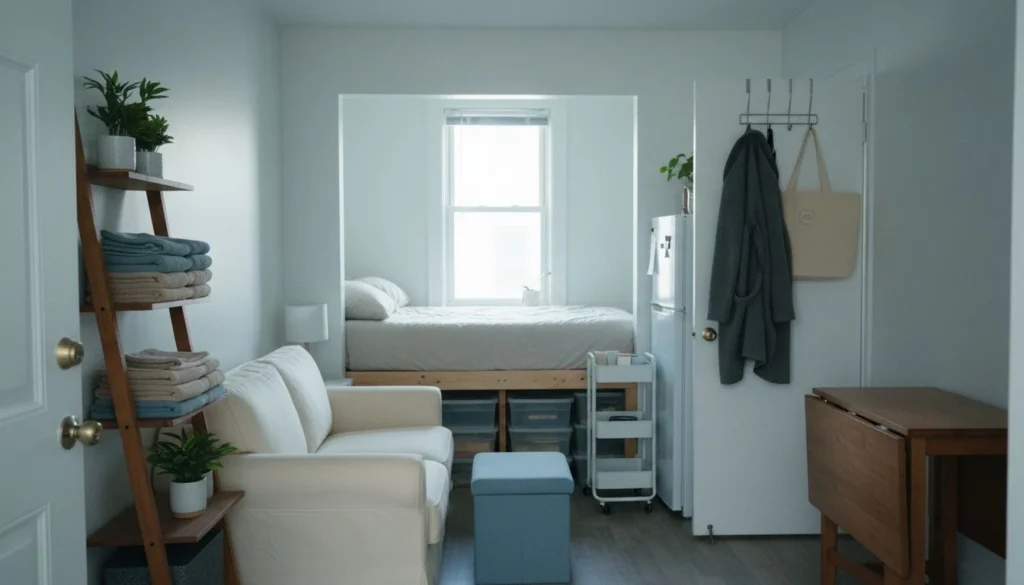 Small apartment organization ideas in a studio rental: leaning ladder shelf, storage ottoman, bed on risers with bins underneath, rolling cart beside the fridge and an over-the-door hook rack - The Calm Roost