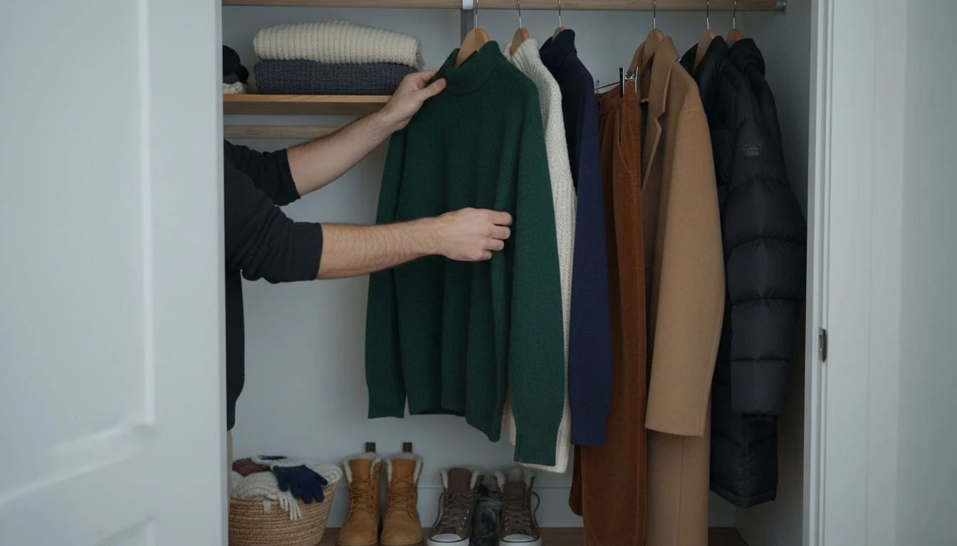 Winter capsule wardrobe in a small closet: hands hanging a green sweater beside cream and navy knits, a camel wool coat and a puffer, boots and a basket of gloves below - The Calm Roost